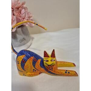 Oaxaca Alebrije Pablo Sosa Mexican Folk Art Wood Carved Kitty Cat Figurine Read